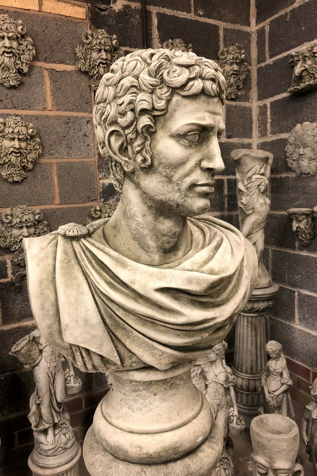 Right profile of Stone Marc Anthony Bust Statue with realistic Roman styling, ideal as a limestone garden sculpture or patio centerpiece.