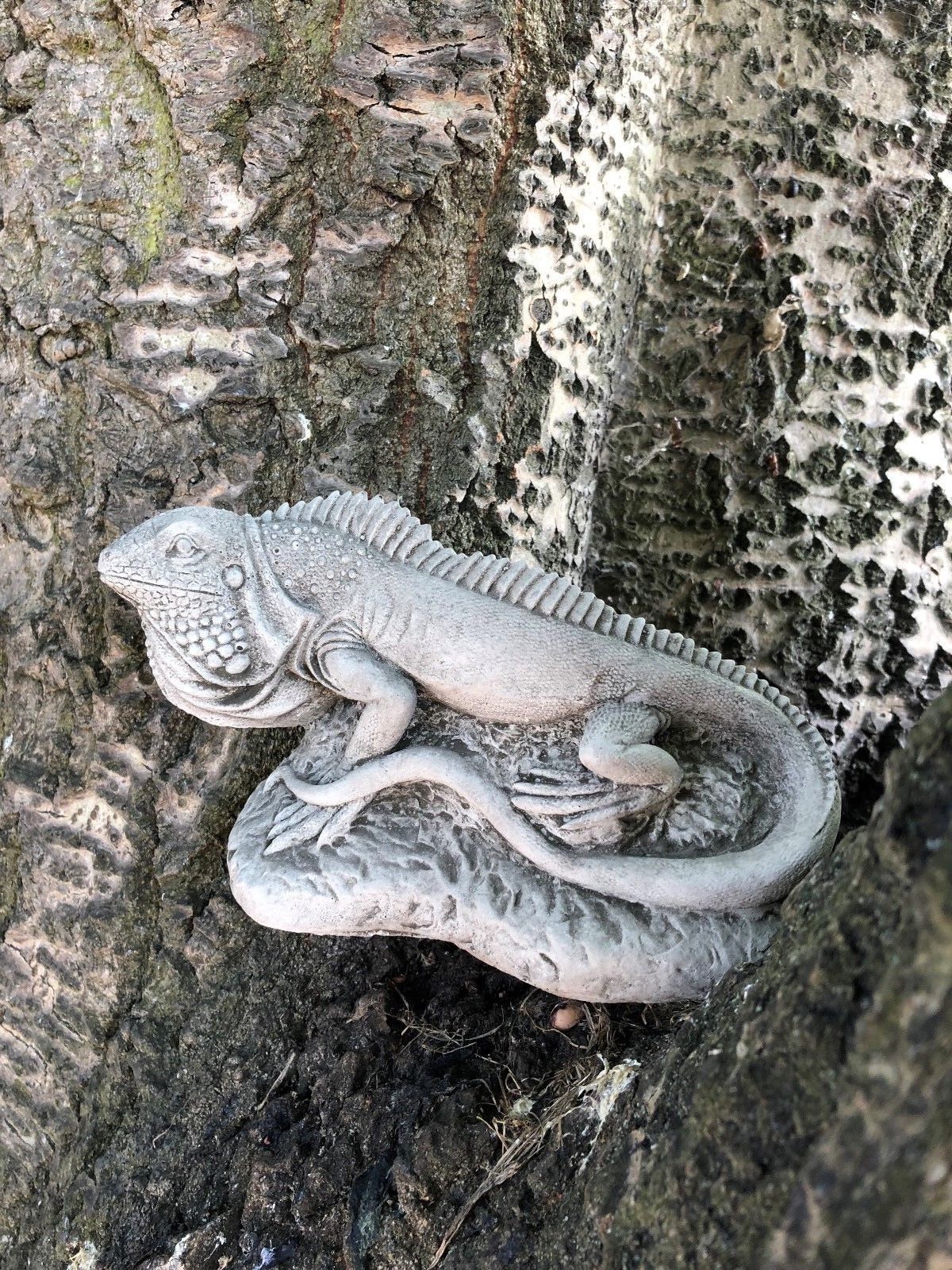 Detailed iguana statue from the Stone Garden Ornaments Collection nestled in tree bark, ideal for reptile-themed garden decor.