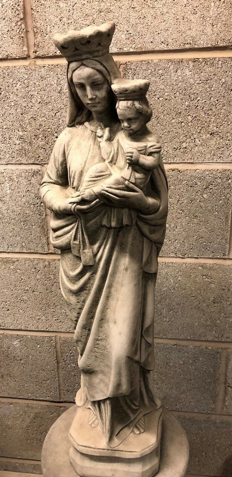 Side view of grey stone Mary & Jesus statue with crown details, suitable for outdoor religious garden ornament or decorative lawn sculpture.