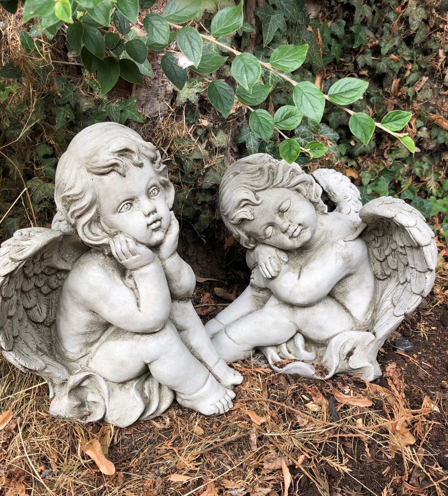 Stone winged baby angels garden ornaments pair resting on forest floor. Ideal for outdoor decor in flowerbeds or memorial garden settings.