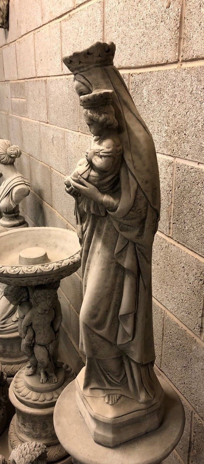 Profile angle of antique grey Mary & Jesus statue, showcasing limestone texture and elegant drapery, perfect for UK garden memorials.