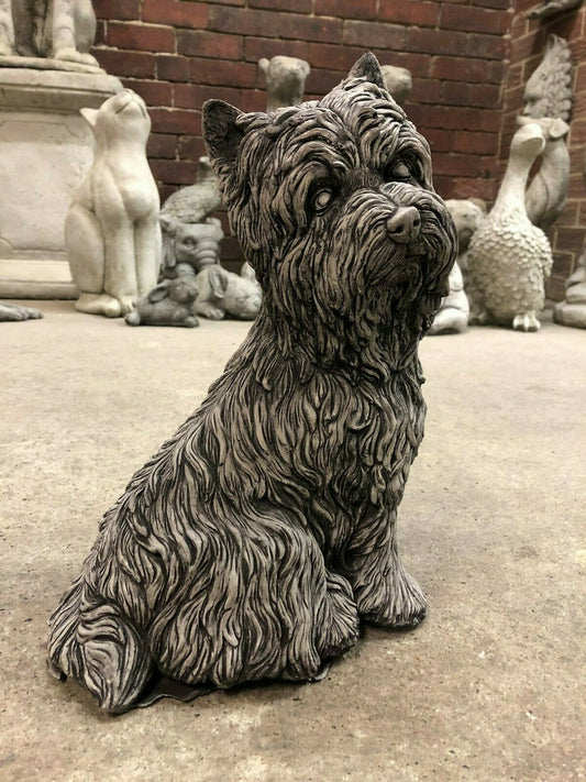 Westie Dog Statue - Stone Sculpture with antique grey finish, ideal for garden decor. Realistic detailing in durable limestone for outdoor display.