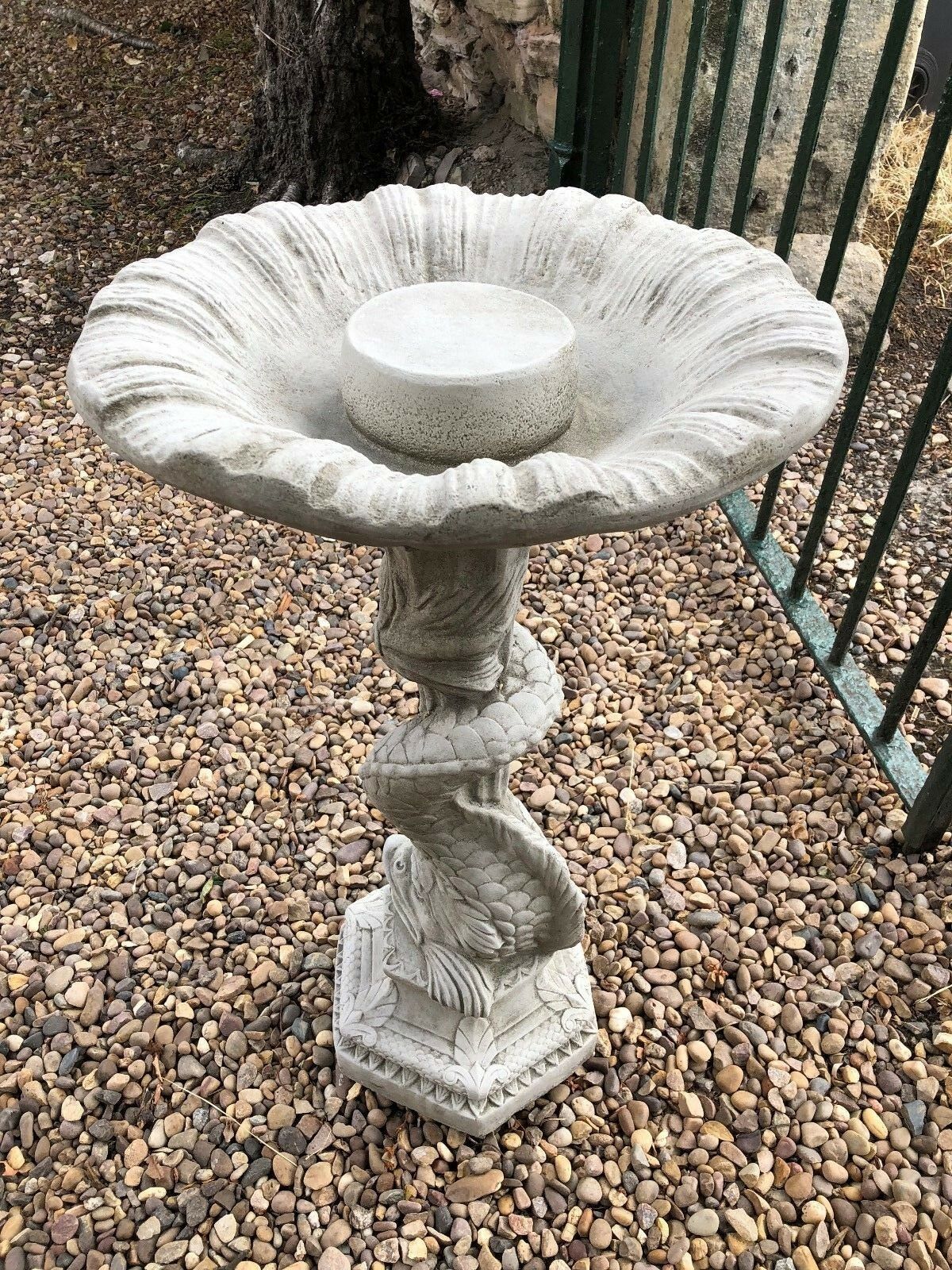 Stone Serpent Bird Bath - Garden Sculpture with coiled serpent base and scalloped bowl, ideal for outdoor garden decor and bird feeding.