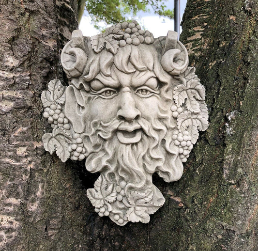 Bacchus Face Garden Plaque - Wall Hanging in antique stone finish mounted on a tree, ideal for outdoor garden décor and classical wall ornamentation.