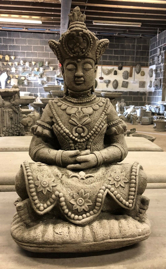 Serene Buddha Statue Garden - Meditating Stone | Peaceful Decor. Intricately detailed limestone Buddha statue in lotus pose for tranquil garden ambiance.