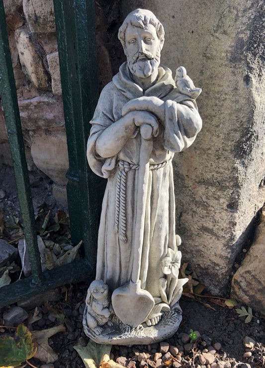St Francis stone statue garden sculpture with bird and rabbit, ideal for outdoor decor. Durable finish perfect for flowerbeds or patios.