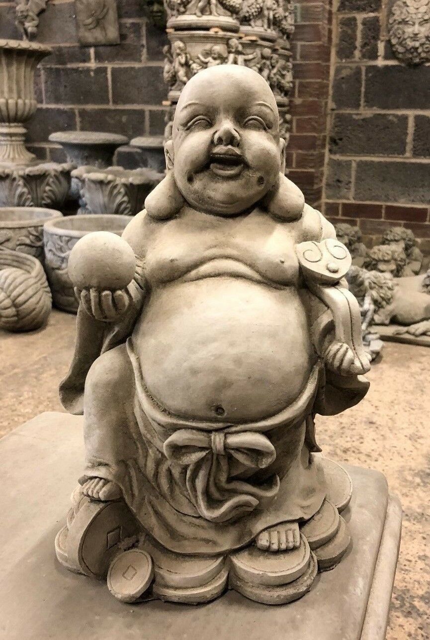 Wealth Buddha Garden Statue in stone with antique grey finish, holding a ball and ingots, ideal for outdoor prosperity décor.
