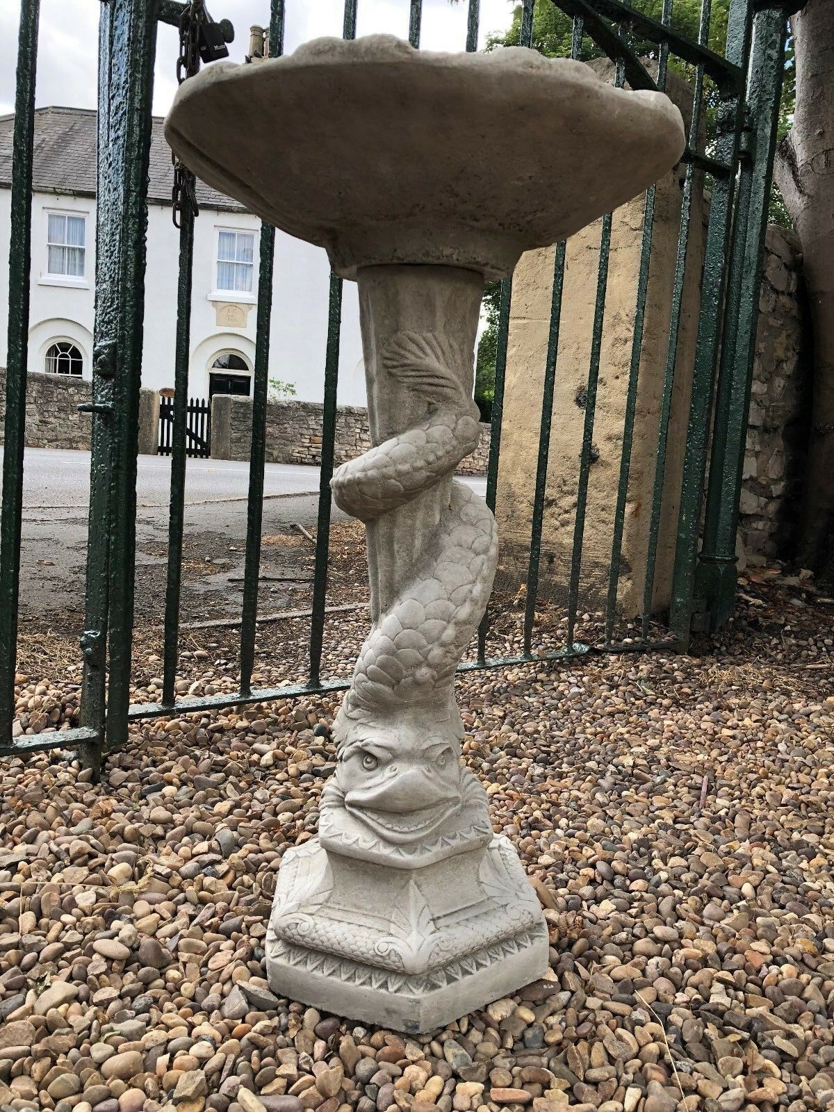 Decorative Stone Serpent Bird Bath with twisted reptile design and ornate base, crafted for UK gardens and outdoor spaces.