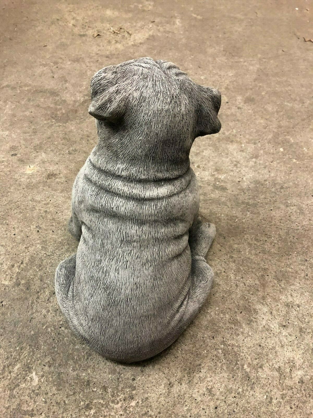 Back view of the Stone British Bulldog Puppy Statue showing detailed sculpting and antique grey finish for garden ornamentation.