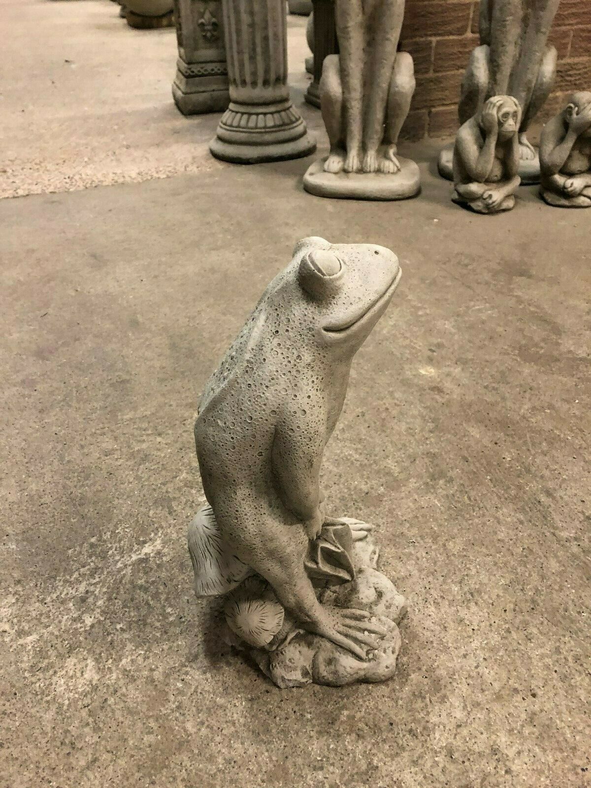 Angled top view of Stone Frog Garden Ornament - Elegant with Umbrella, showing realistic stone finish and serene expression.