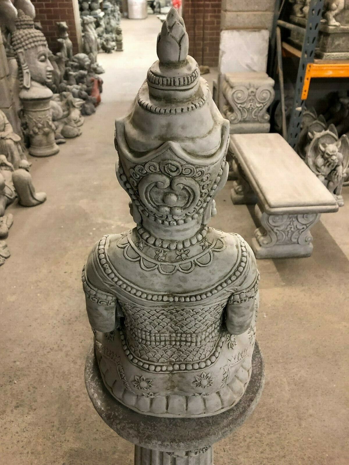 Rear view of Stone Seated Buddha Statue displaying detailed headpiece and robe textures, ideal for peaceful outdoor decor.