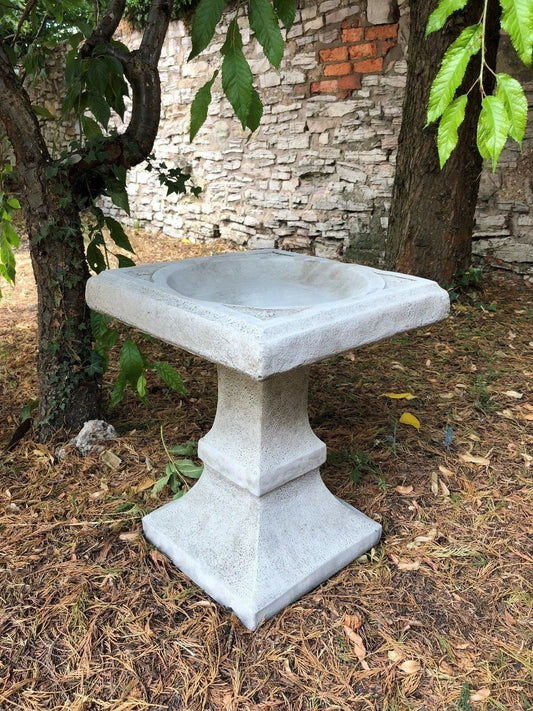 Stone Square Bird Bath - Design Sculpture for garden decor, featuring a durable limestone structure with a square bowl on a pedestal base.