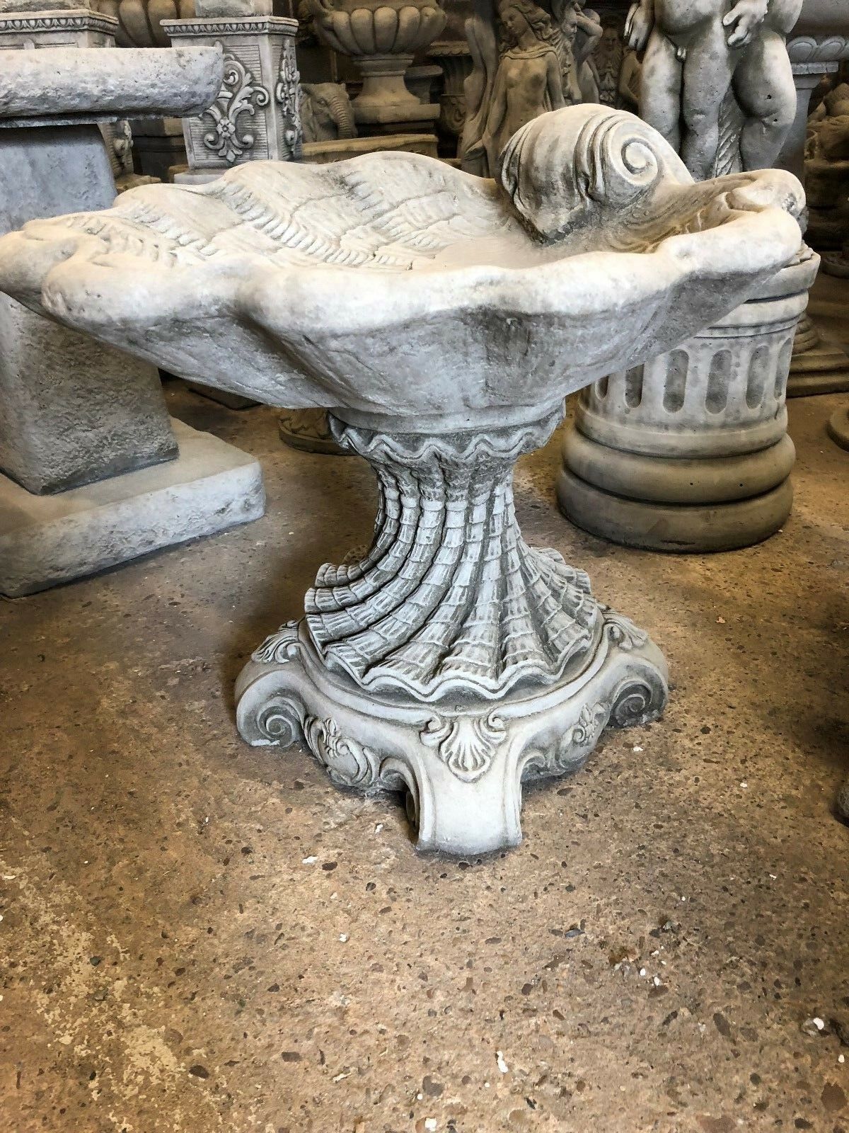 Close-up of Stone Shell Bird Bath in a showroom, highlighting its sculpted shell bowl and twisted pedestal base for garden decor.