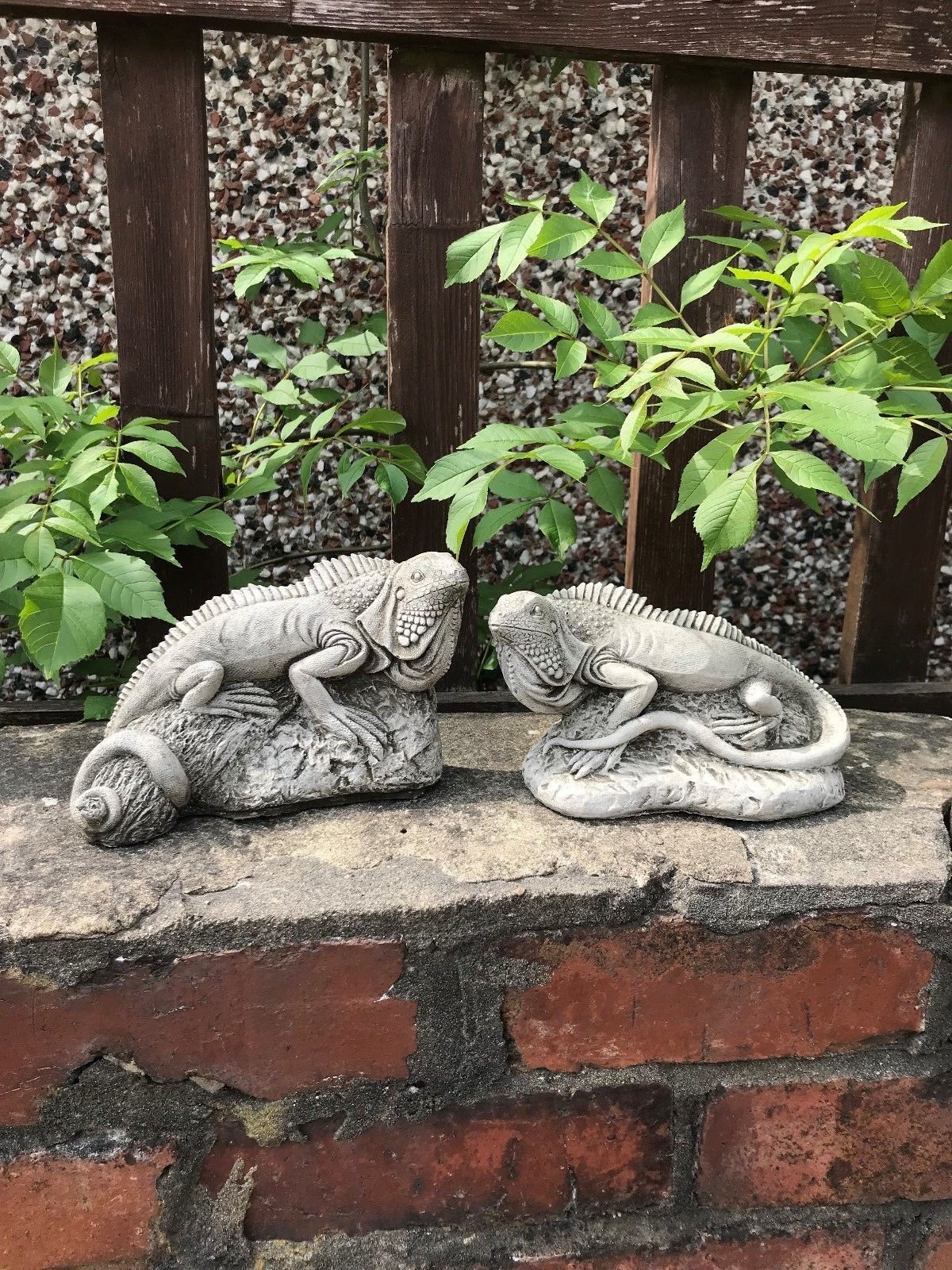 Stone iguana ornament pair on brick wall with foliage, from the Iguana Garden Ornaments - Stone Collection, ideal for patios and gardens.