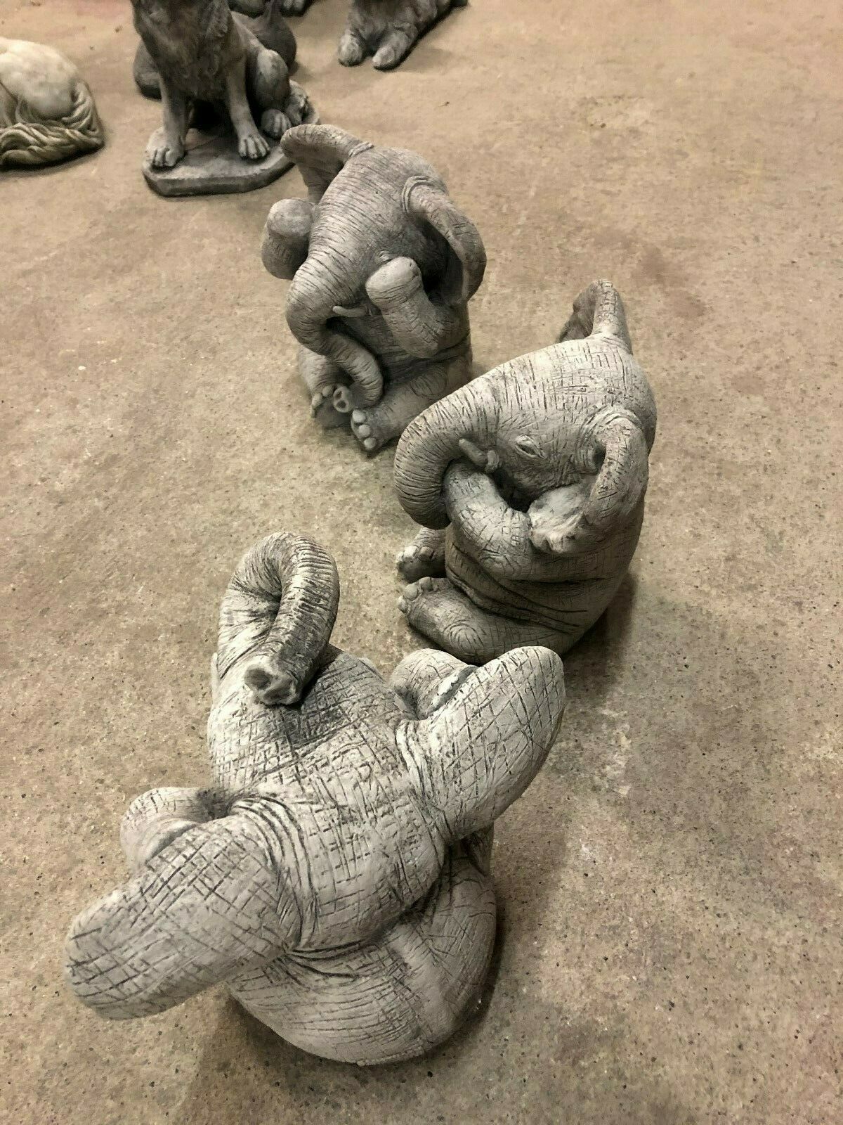 Top view of Hear, See & Speak No Evil Elephant Ornaments showing detailed stone texture and craftsmanship for garden or lawn decoration.