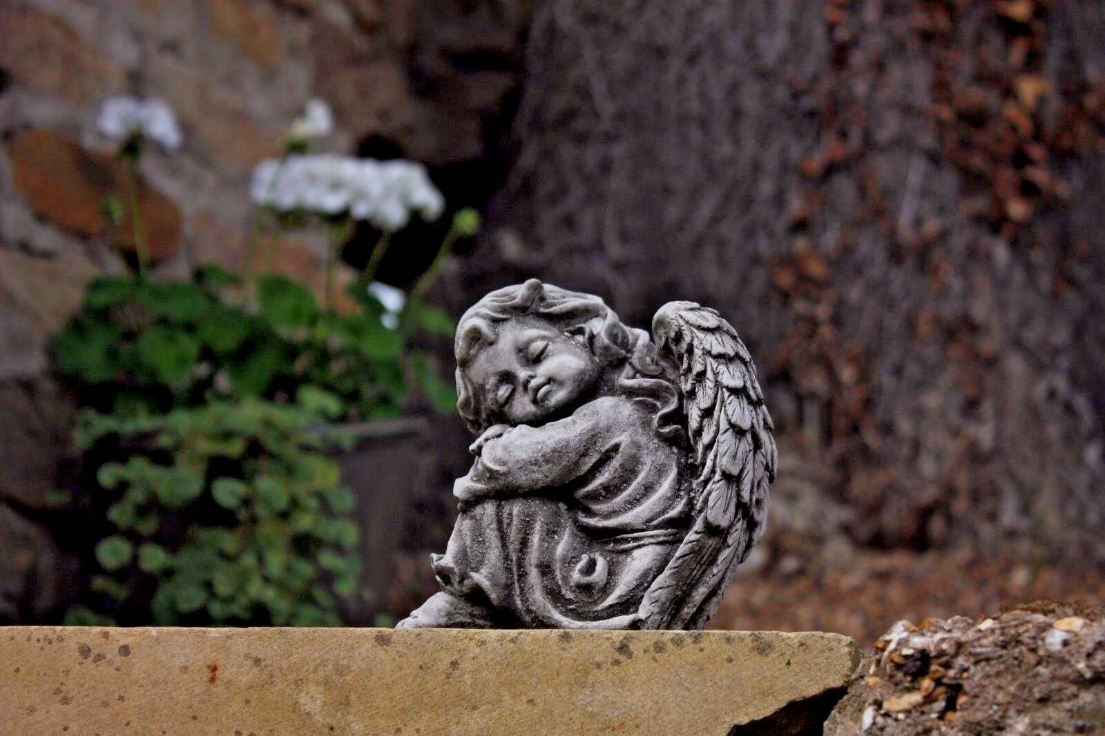Stone angel garden ornament leaning peacefully on a stone wall with greenery behind. Handcrafted outdoor statue for serene garden ambiance.
