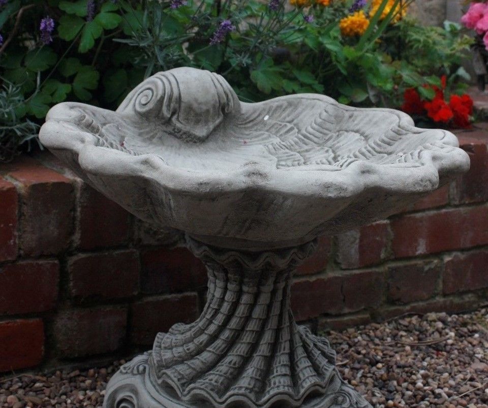 Stone Shell Bird Bath in a garden setting with colorful flowers, combining beauty and function for bird-friendly outdoor spaces.