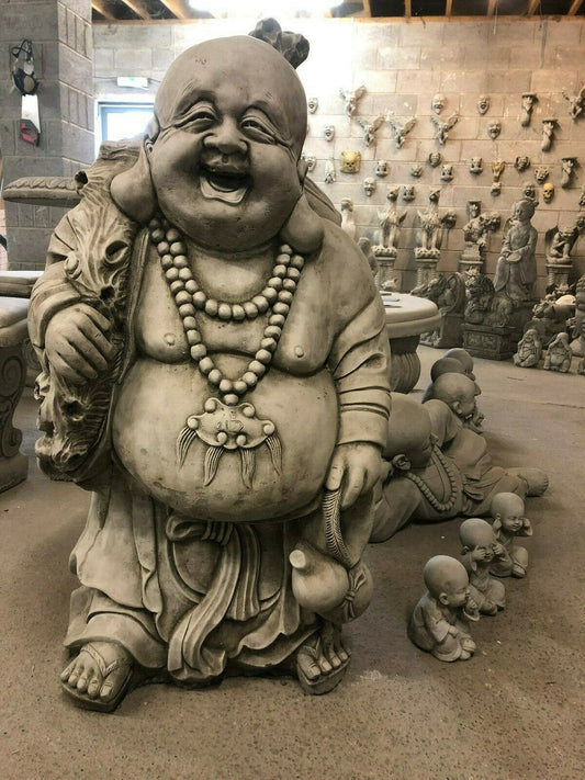 Stone Laughing Buddha Statue with sack and beads, ideal for fortune decor in indoor or garden settings. Durable and detailed stone craftsmanship.