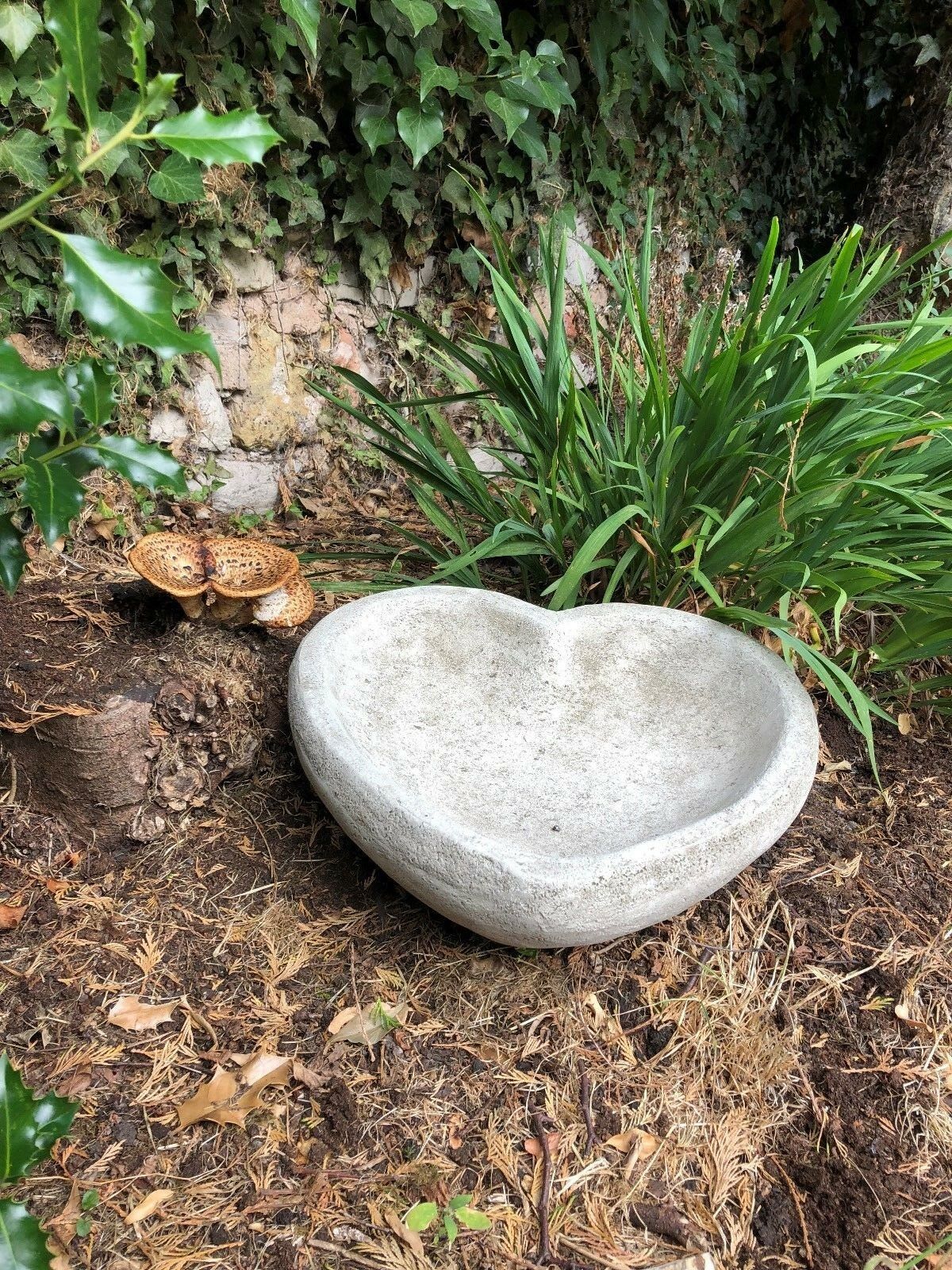 Stone Heart Design Bird Bath/Feeder in antique grey placed in a wildlife garden, ideal for birds and hedgehogs. Durable limestone garden decor.