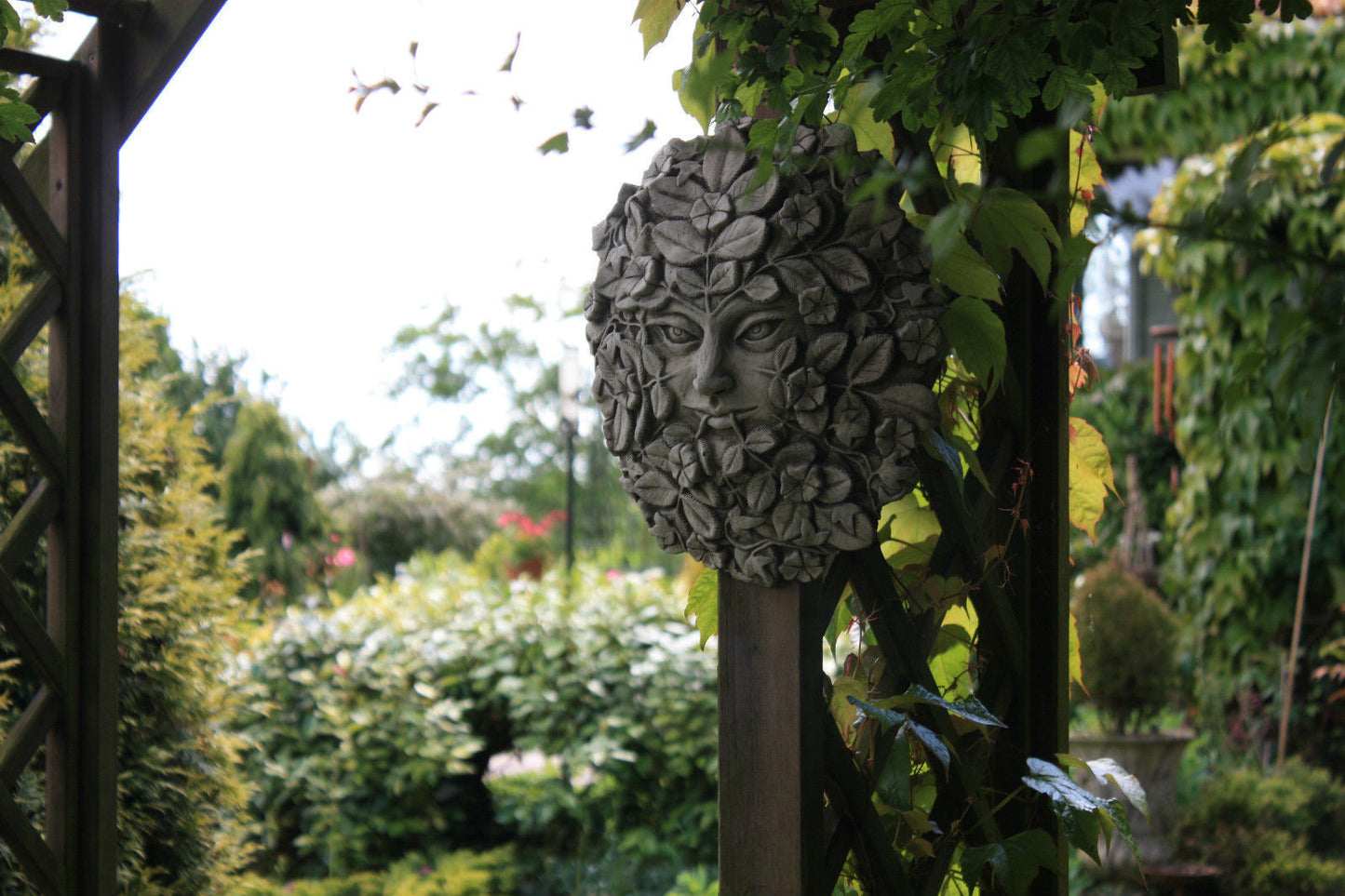 Greenwoman decorative garden plaque with detailed leaf pattern, ideal for outdoor wall decor on wooden trellis structures.