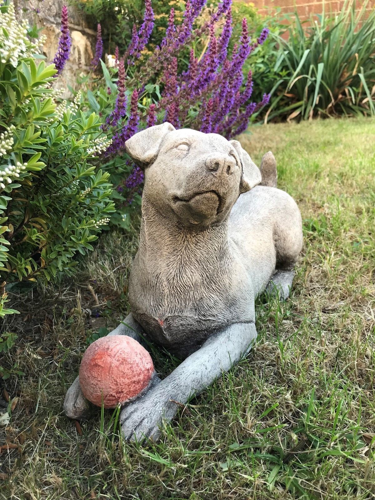 Realistic Jack Russell Dog Ornament in stone, holding a textured red ball, ideal for outdoor garden decor among green and purple foliage.