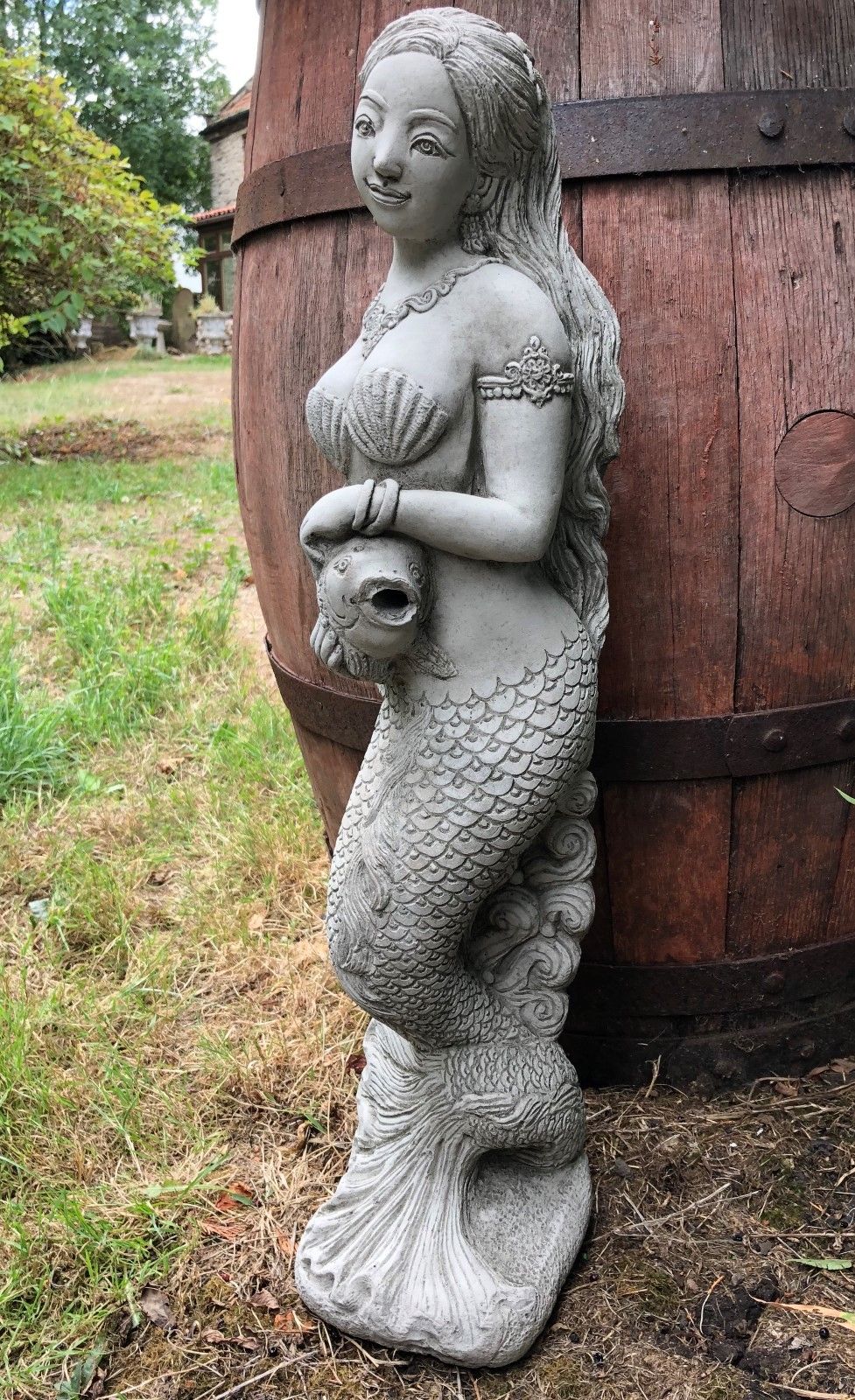 Mermaid Water Feature Ornament - Garden Decor | Standing Stone sculpture with intricate fish and shell details, ideal for pond or patio decoration.