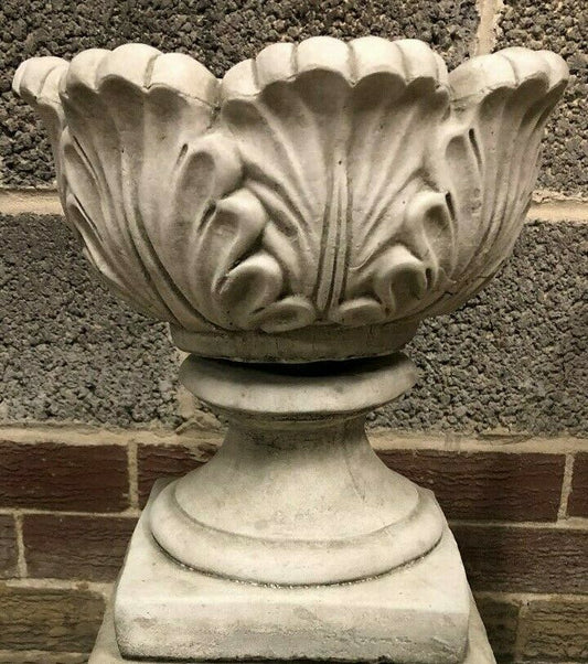 Small Tulip Garden Planter with antique limestone finish, featuring ornate tulip petal carvings ideal for outdoor garden decor.