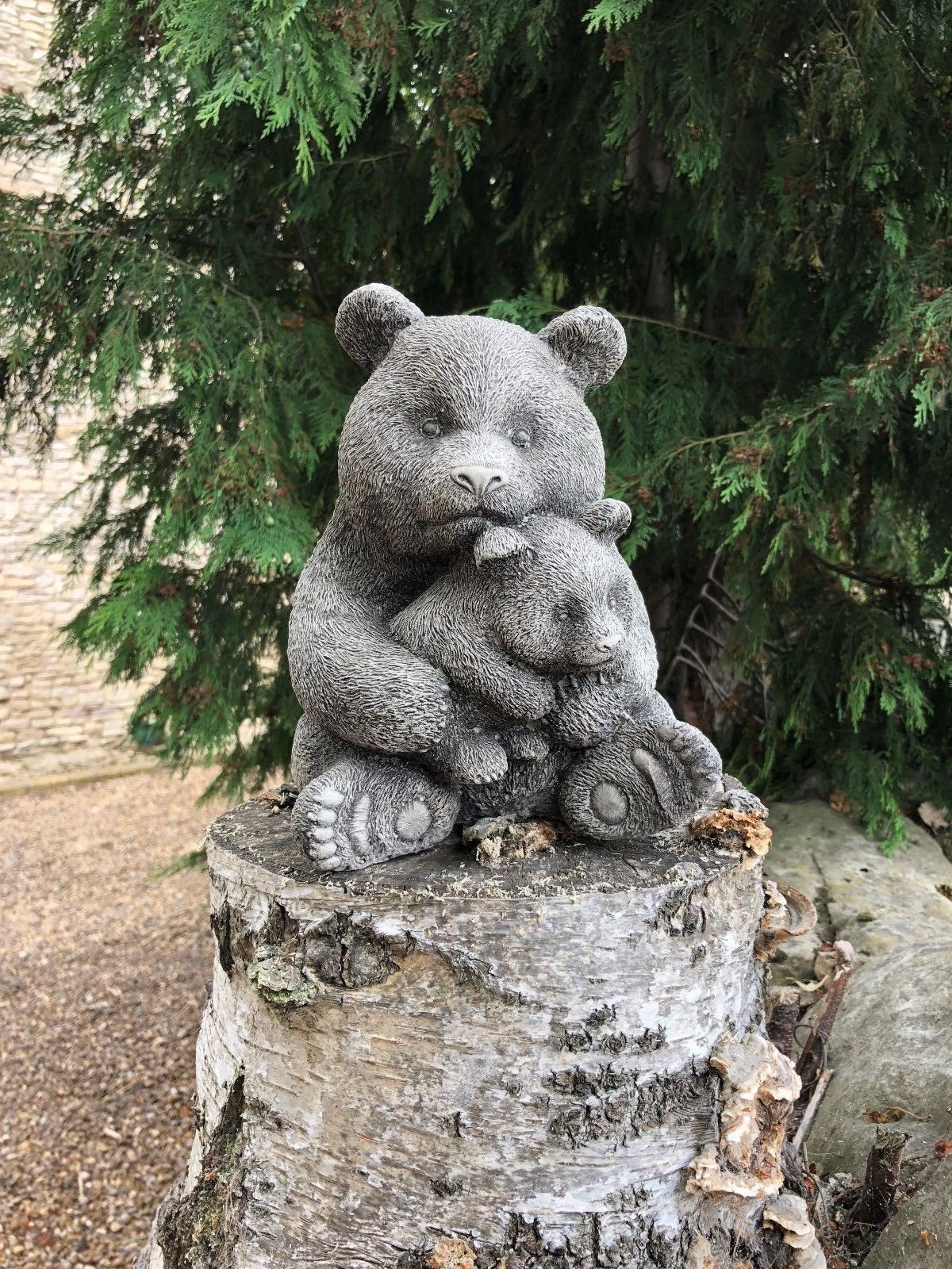 Stone Mother & Baby Panda Bear Garden Ornament with antique grey finish, placed outdoors for charming animal-themed patio decoration.