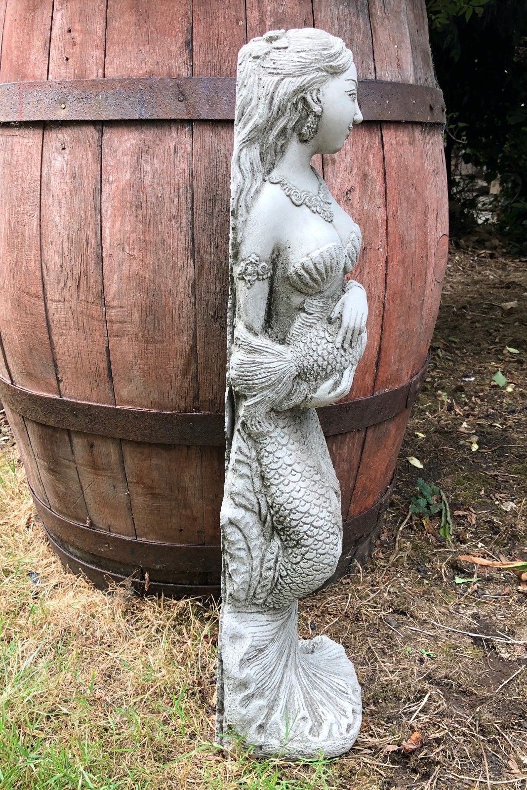 Right side view of Mermaid Garden Water Feature Ornament, showcasing detailed scales and elegant posture for outdoor decor.