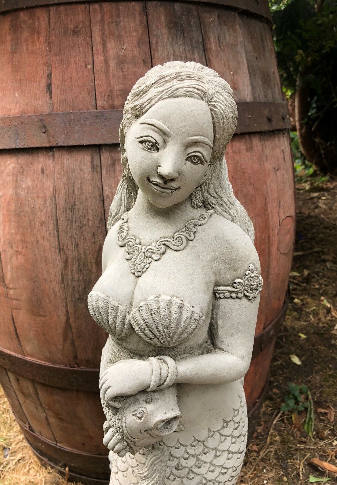 Front close-up of Mermaid Water Feature Ornament with ornate necklace and seashell top, perfect for garden pond fountains.