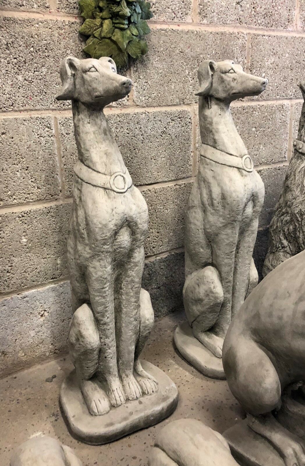 Pair of durable stone Saluki dog statues with collars, ideal for garden decor. Handmade from limestone for outdoor use and weather resistance.