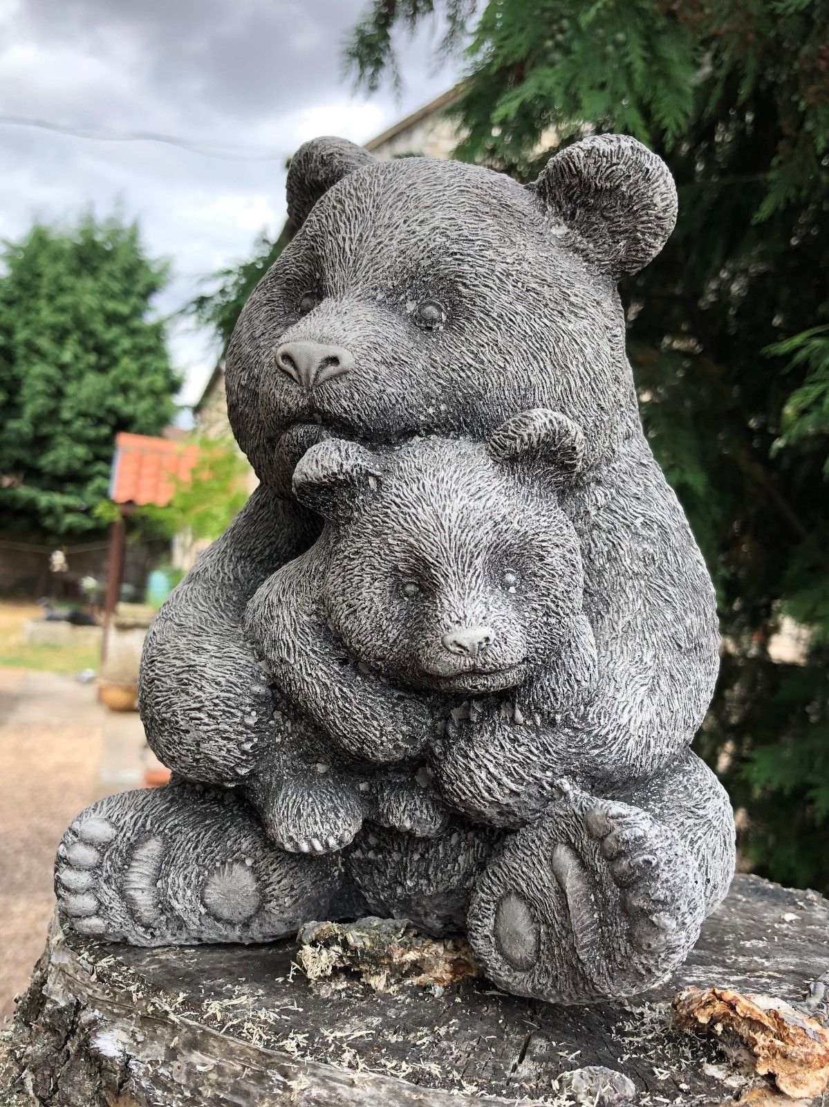 Outdoor Stone Garden Ornament of a Mother & Baby Panda Bear, handcrafted with textured detail, perfect for UK garden decoration.