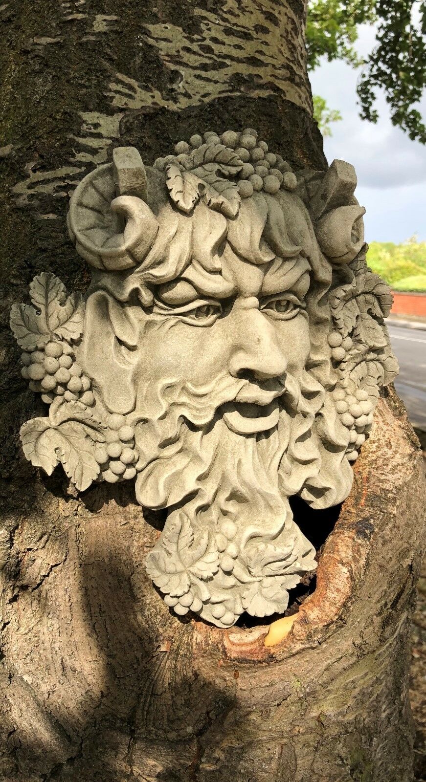 Bacchus Face Garden Plaque in antique stone, mounted on tree bark, ideal wall hanging for classical garden themes and outdoor decorative plaques.