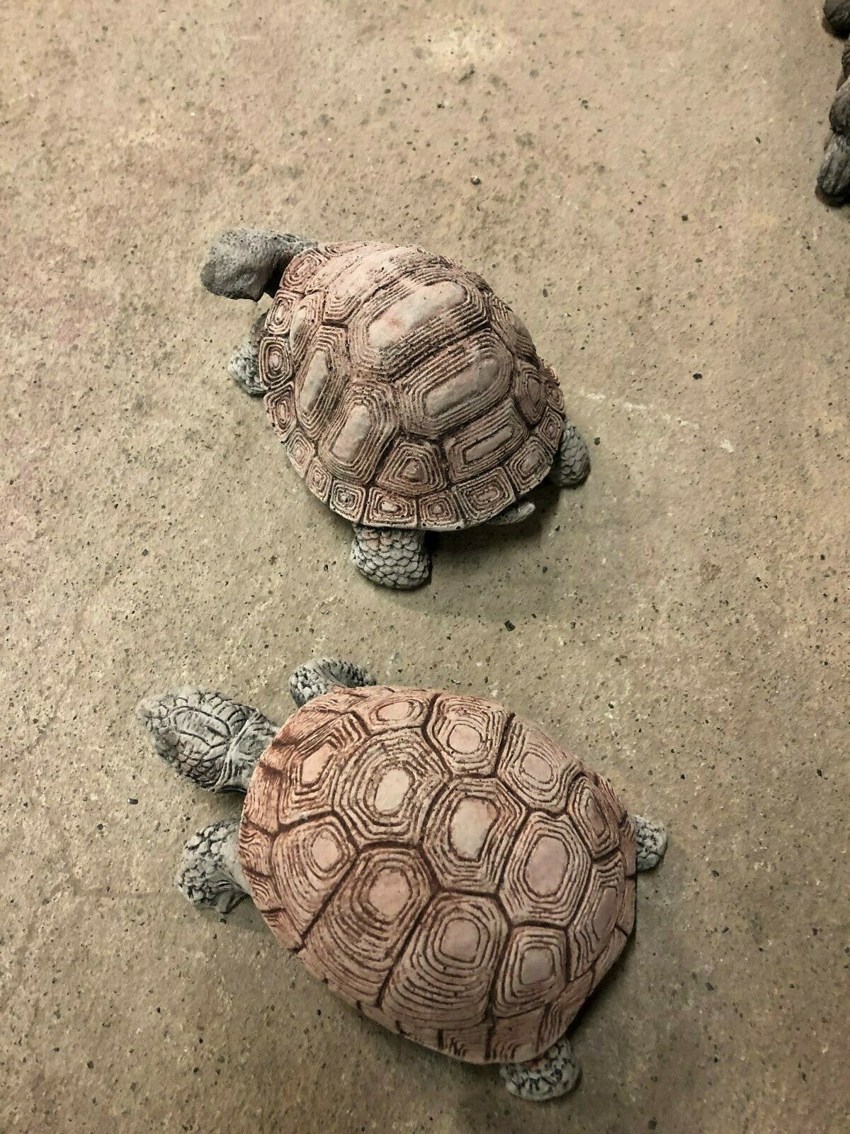 Overhead view of stone tortoise garden ornament pair, highlighting shell textures and compact size for versatile outdoor placement.