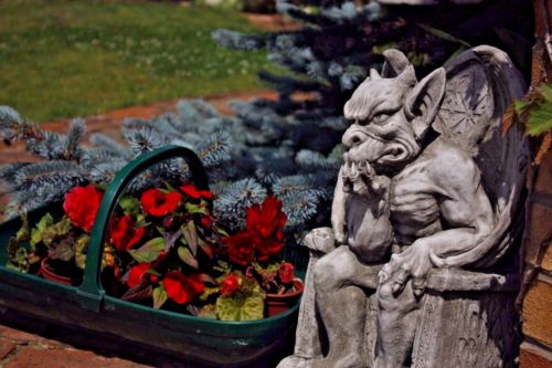 King Gargoyle Stone Statue - Weather Resistant Garden Art beside red flowers and pine, blending gothic design with vibrant garden decor.
