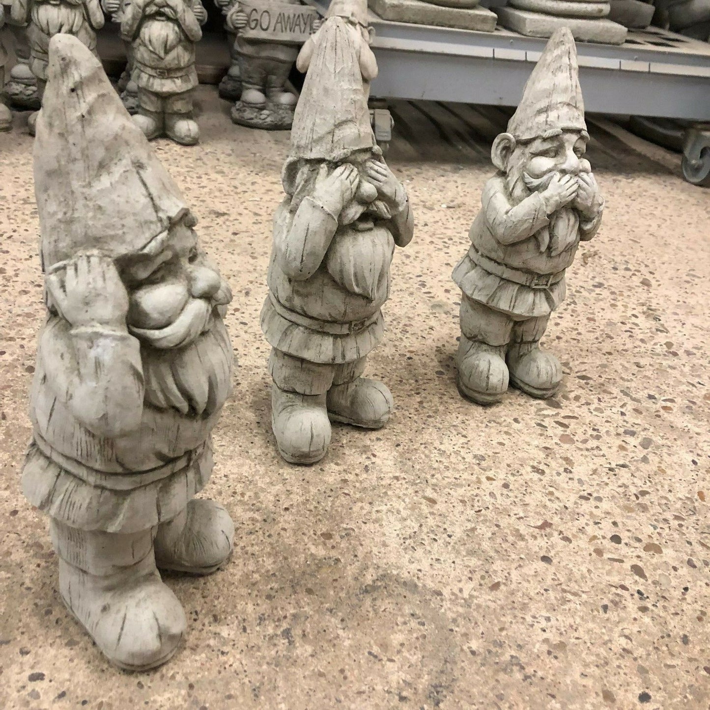 Side angle of Stone Hear See Speak No Evil Gnome Statues Set highlighting craftsmanship. Great for lawns, porches, or balcony decor.