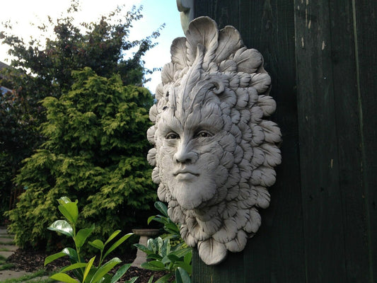Greenman Wall Plaque - Stone Feather Face mounted on outdoor wooden fence, surrounded by lush garden greenery. Durable limestone garden ornament.