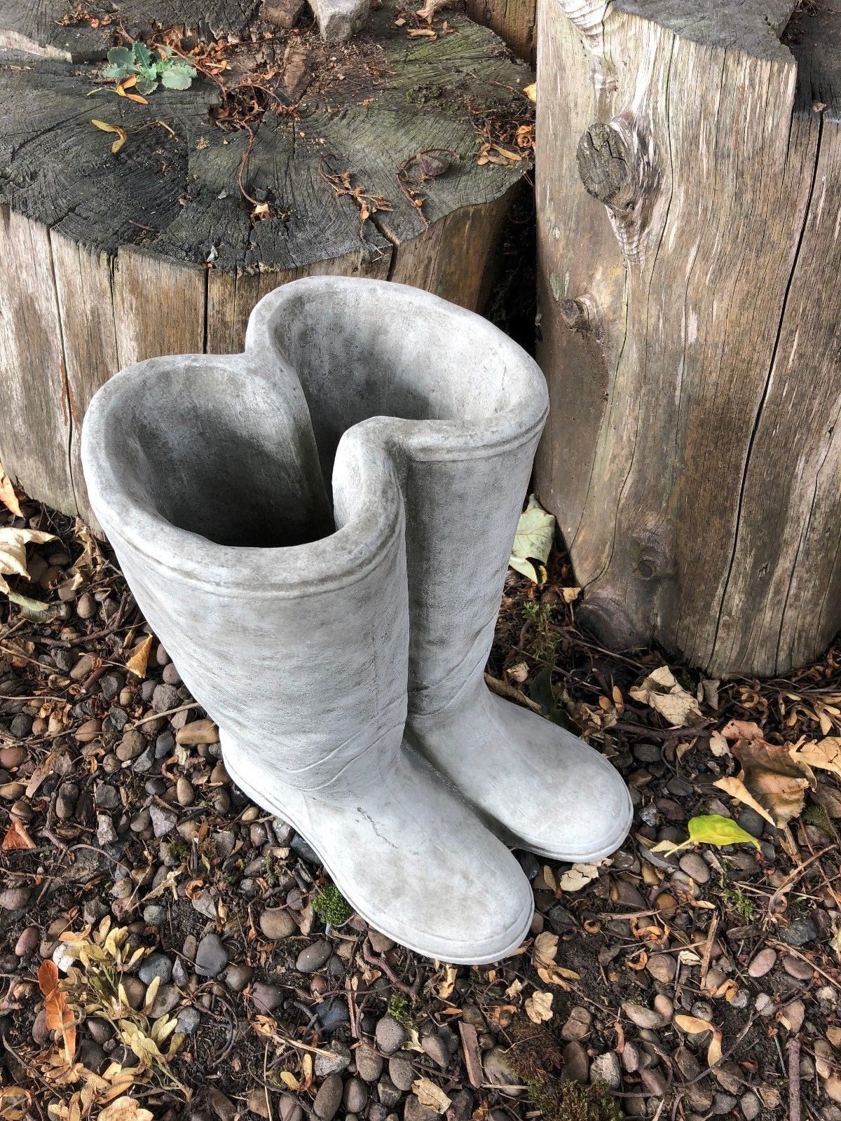 Top view of Stone Wellington Boots Planter showing deep planting space, crafted from limestone chippings for decorative garden use.