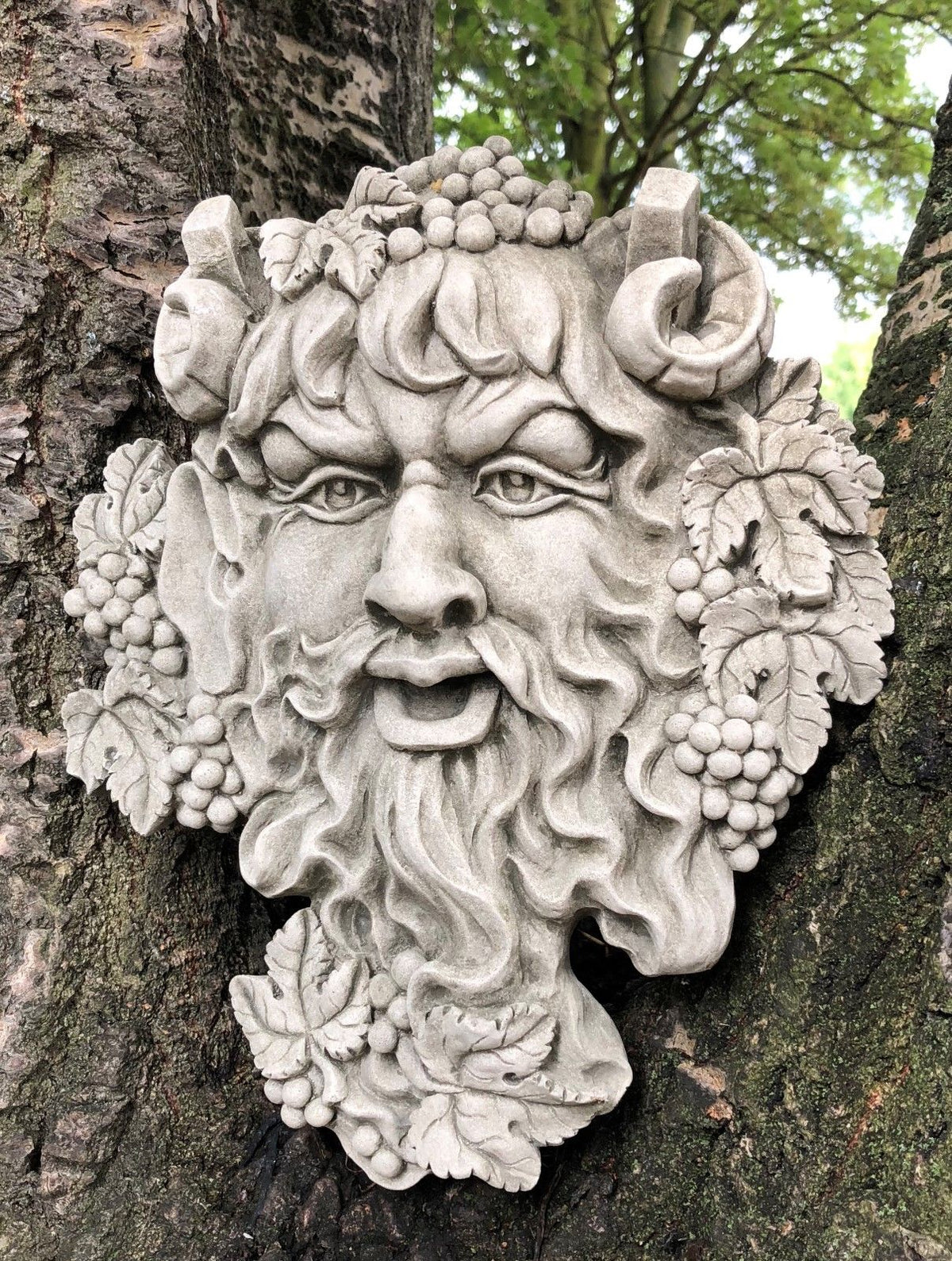 Front view of Bacchus Face Garden Plaque - Wall Hanging with detailed facial features and grapevine design, perfect for garden wall decoration.