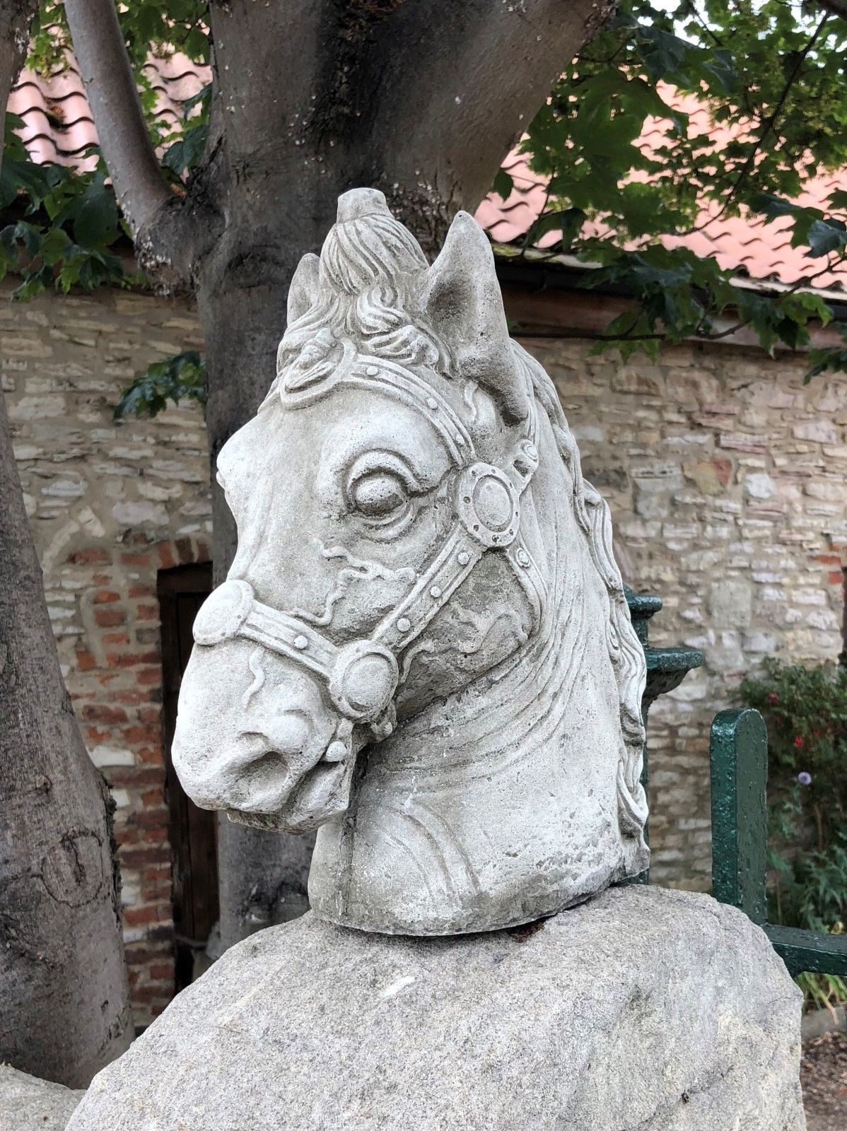 Stone Horse Head Finial-Limestone Garden Decor | Made in UK. Decorative limestone horse bust finial with antique finish, perfect for outdoor wall accents.