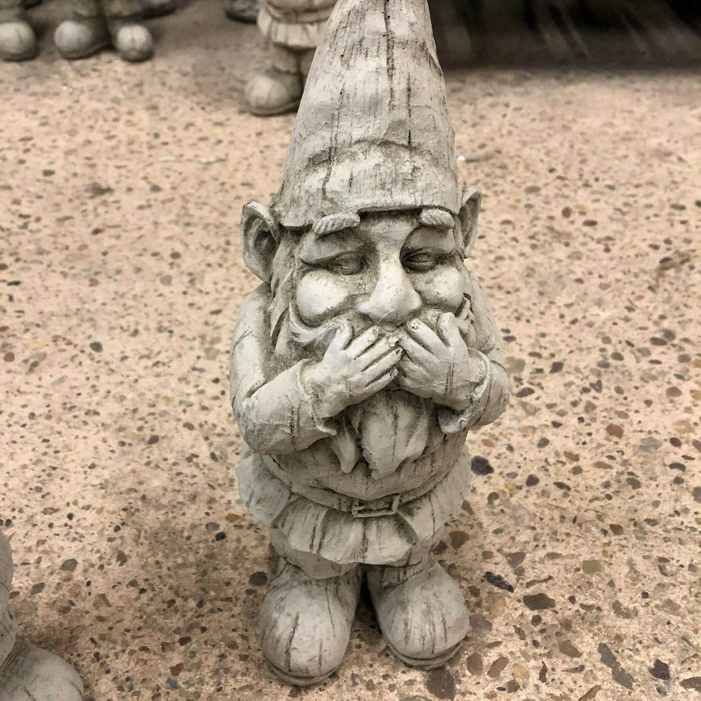 Detailed front view of 'Speak No Evil' gnome statue from the stone garden decor set. Perfect for whimsical outdoor spaces.