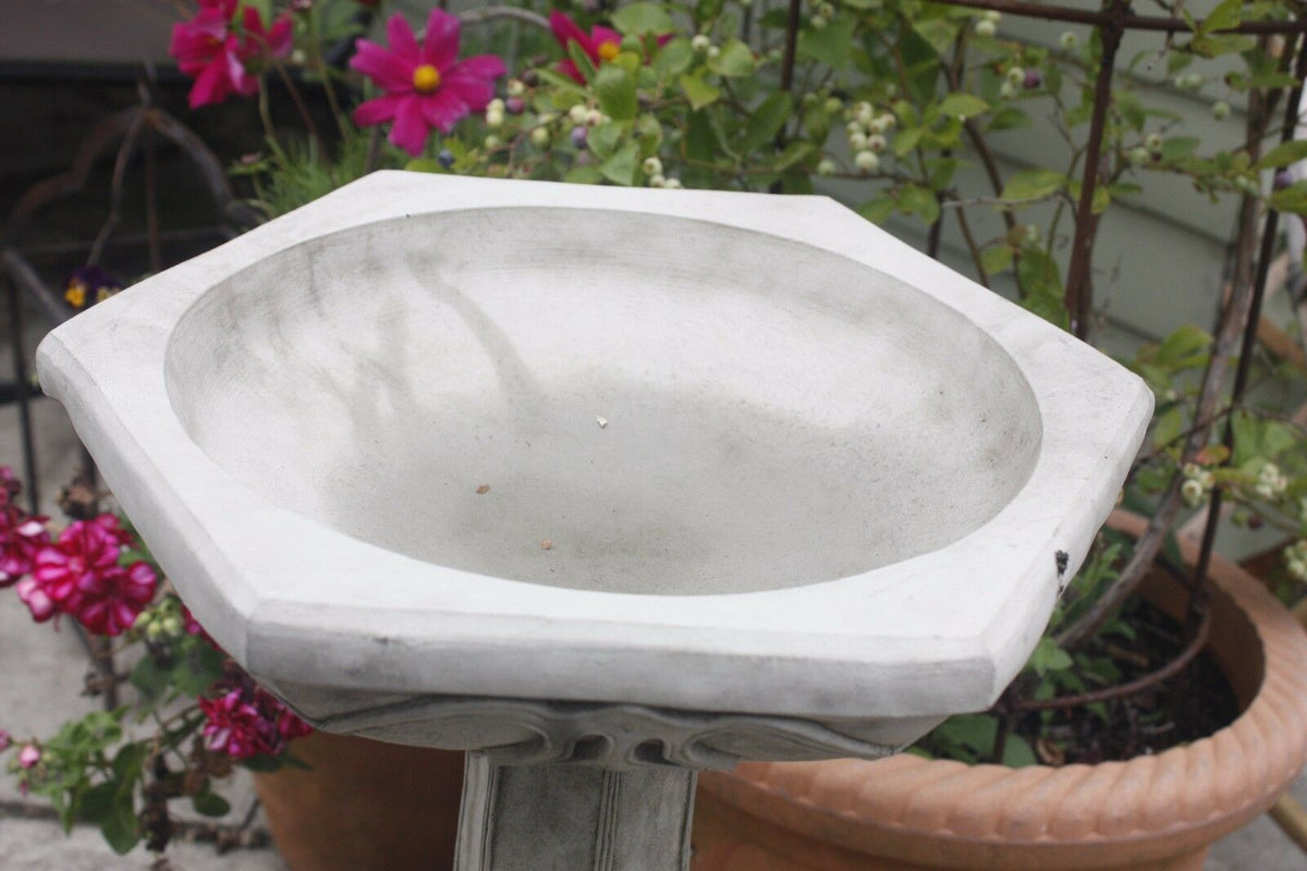 Close-up of the Art Nouveau Bird Bath bowl showing smooth limestone surface. Durable and elegant for bird-friendly garden spaces.