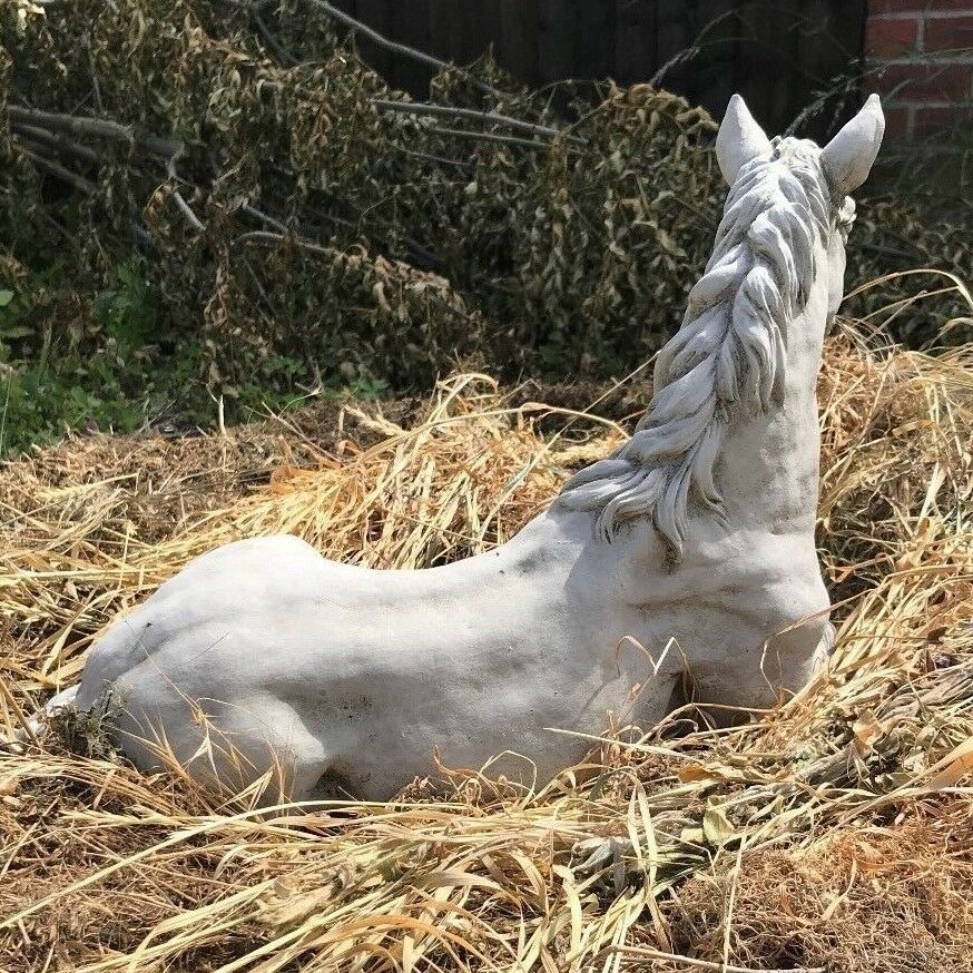 Rear view of Stone Resting Horse Statue - Garden Ornament emphasizing the smooth stone finish and durable craftsmanship.