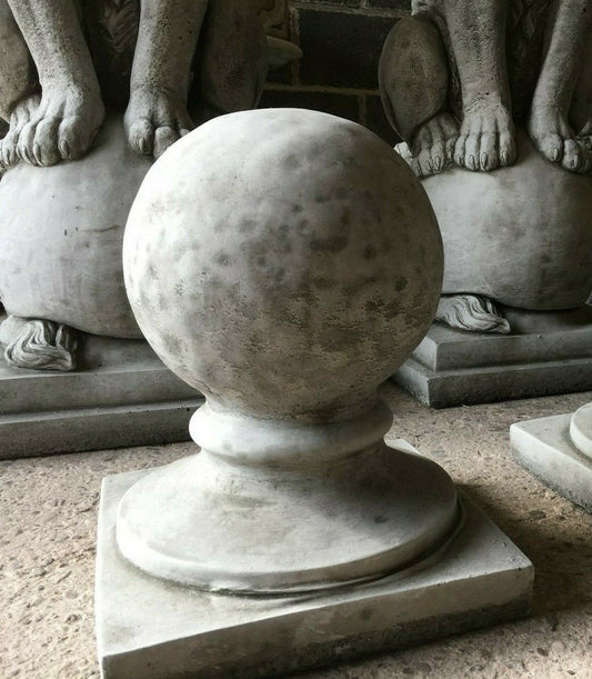 Stone Garden Finial - Stunning Stone Ball | Durable Design. Grey round limestone finial on square base, ideal for garden post decoration.