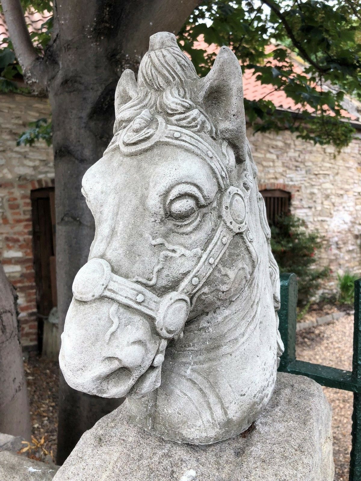 Stone Horse Head Finial-Limestone Garden Decor | Made in UK. Elegant limestone horse head sculpture for garden walls or entryway posts.