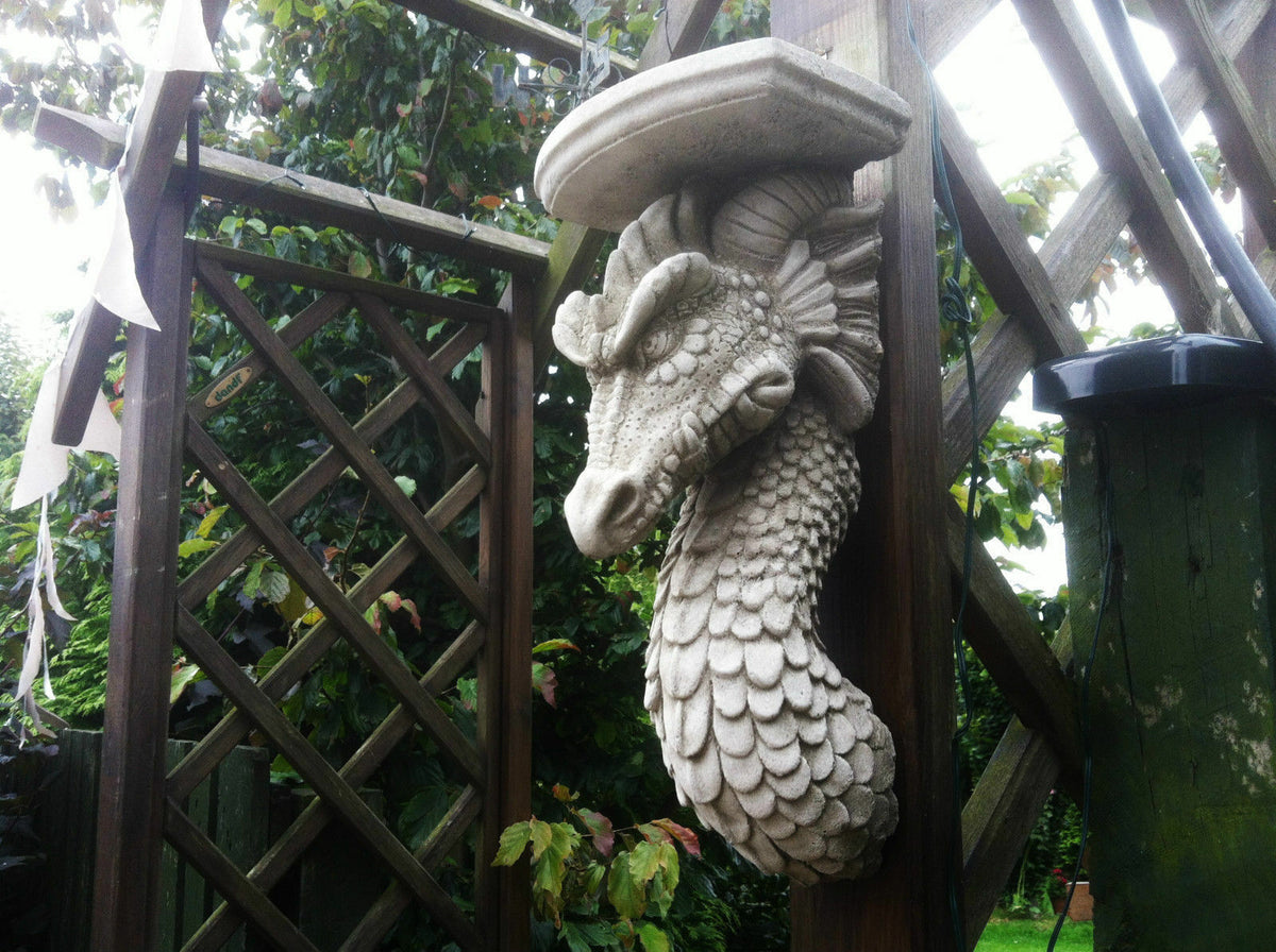 Stone Dragon Wall Shelf with antique finish mounted on wooden trellis in garden decor setting. Ideal for outdoor wall display and easy hanging.