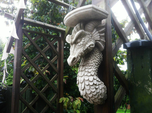 Stone Dragon Wall Shelf with antique finish mounted on wooden trellis in garden decor setting. Ideal for outdoor wall display and easy hanging.