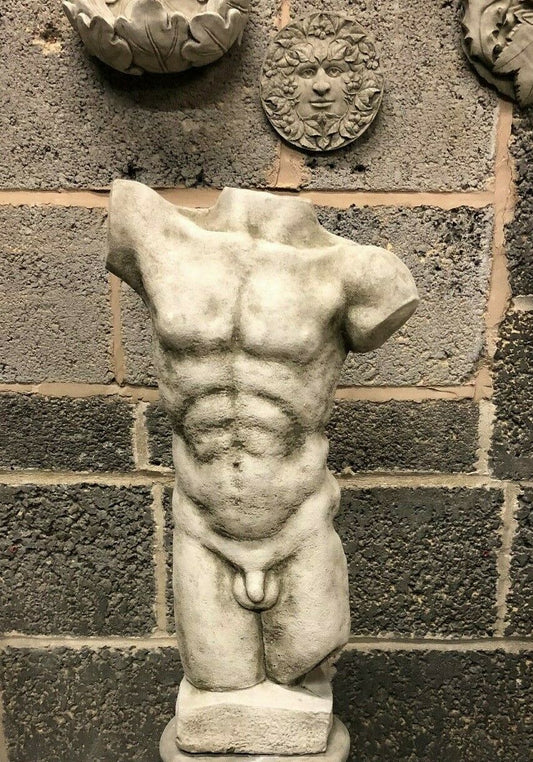 Stone Male Torso Garden Ornament in antique grey finish, showcasing detailed front anatomy on a limestone statue for outdoor garden decor.