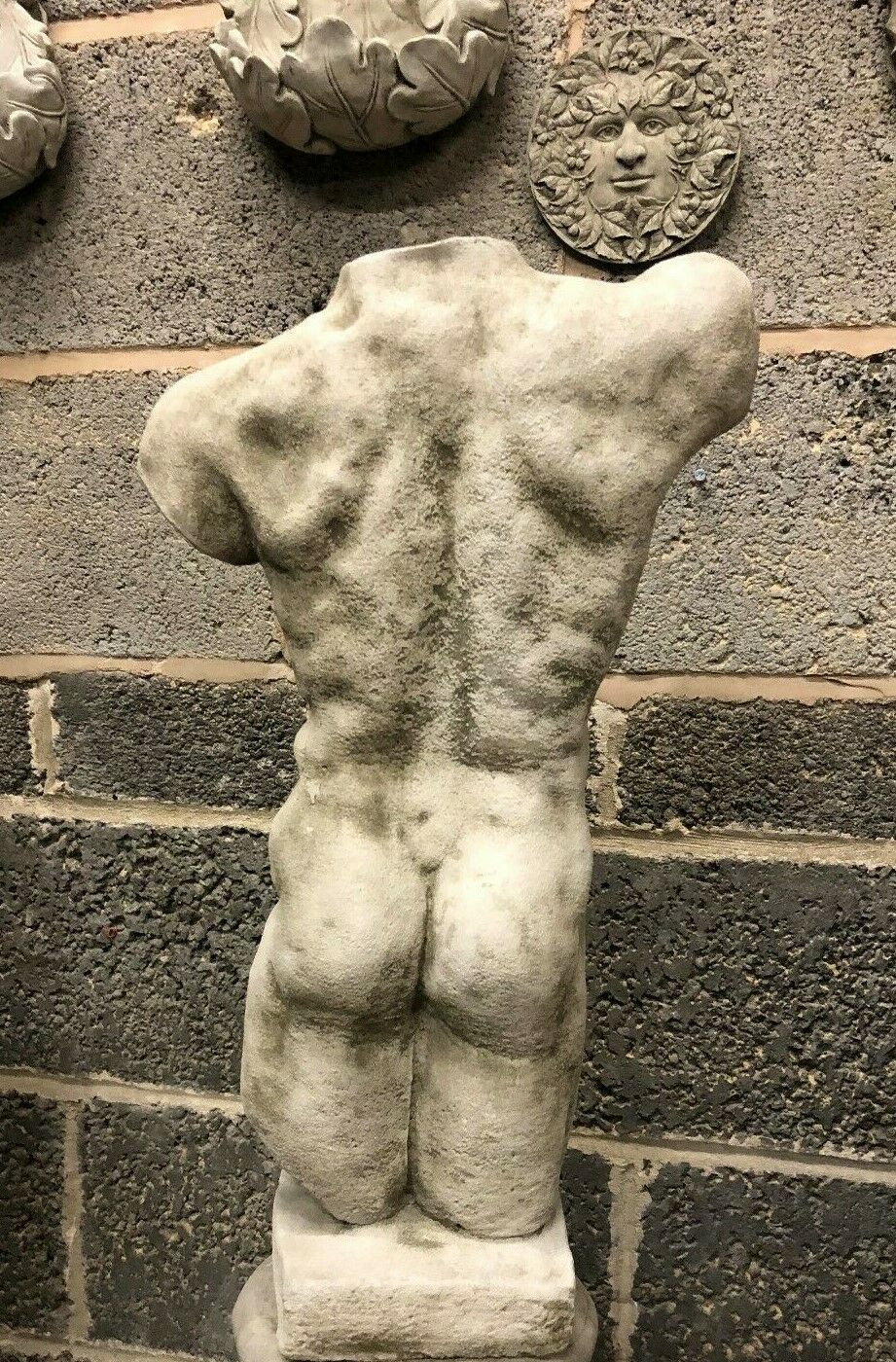 Back view of Stone Male Torso Garden Ornament - Antique Grey Statue, featuring muscular detail and weathered limestone texture for garden display.