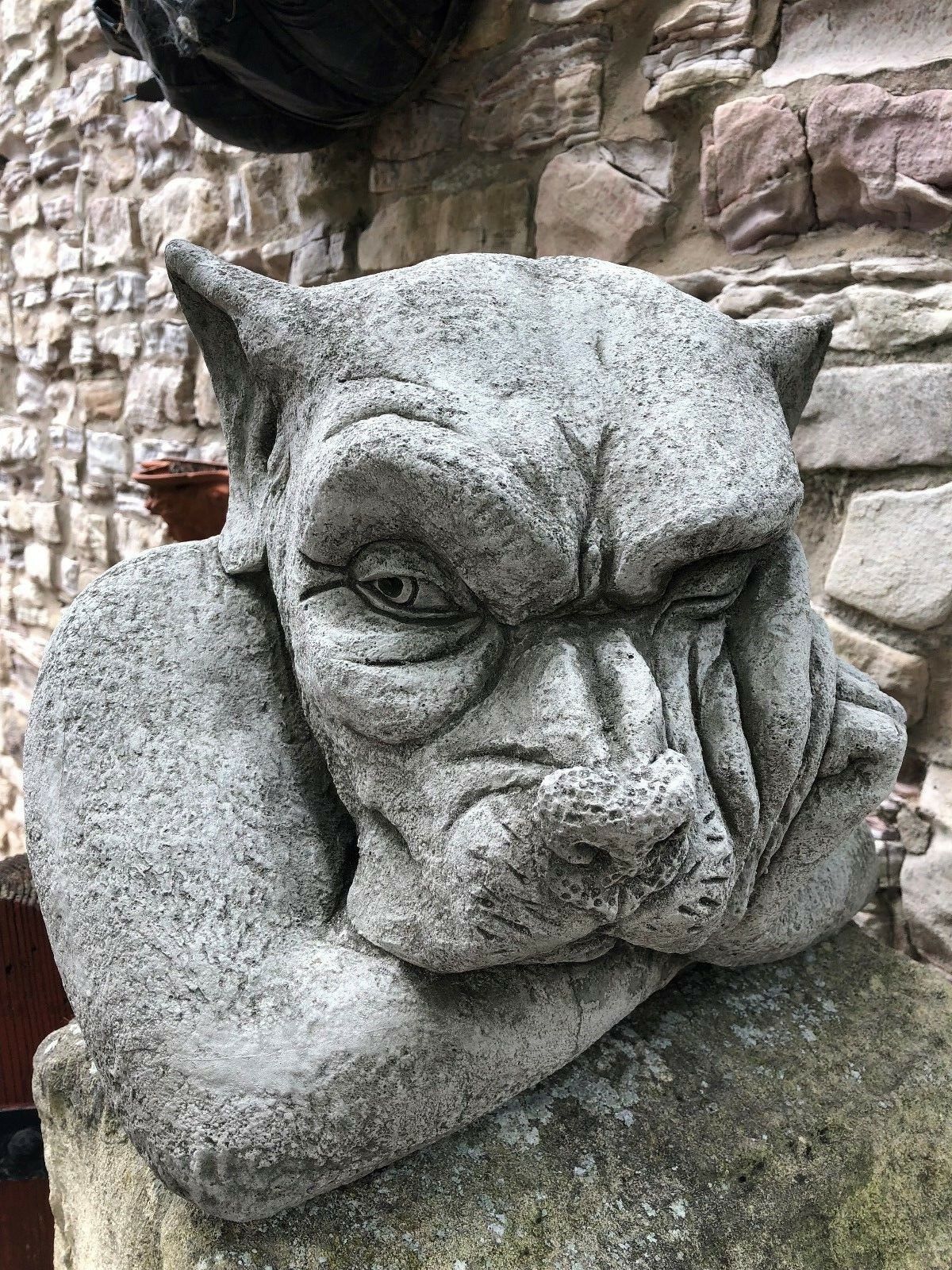Close-up of Gargoyle Dog Finial - Stone Garden Ornament with detailed facial features and antique finish, ideal for gate posts or garden decor.